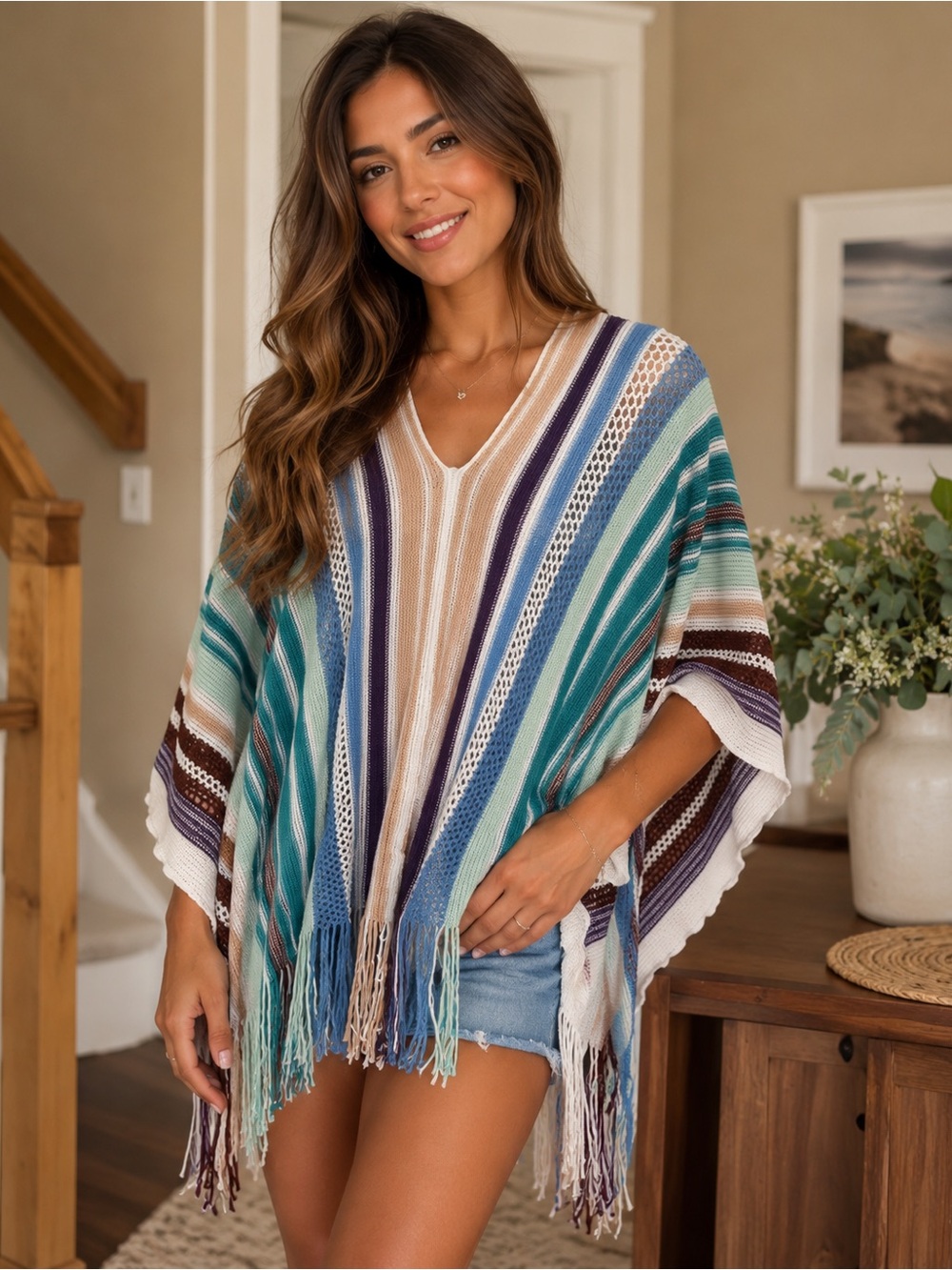 Striped Fringe Knit Poncho in Teal, Blue & Cream